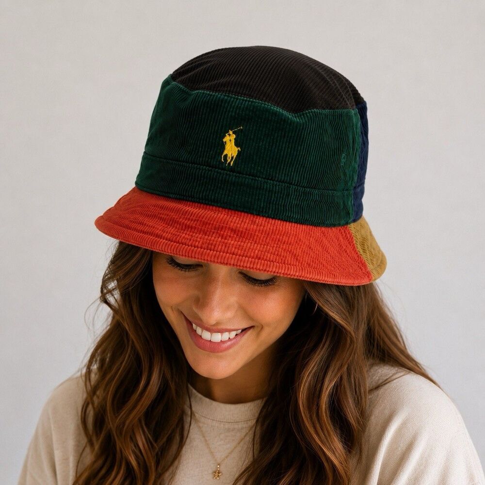 Polo Ralph Lauren Colorblock Corduroy Bucket Hat S/M Green Navy Tan Orange